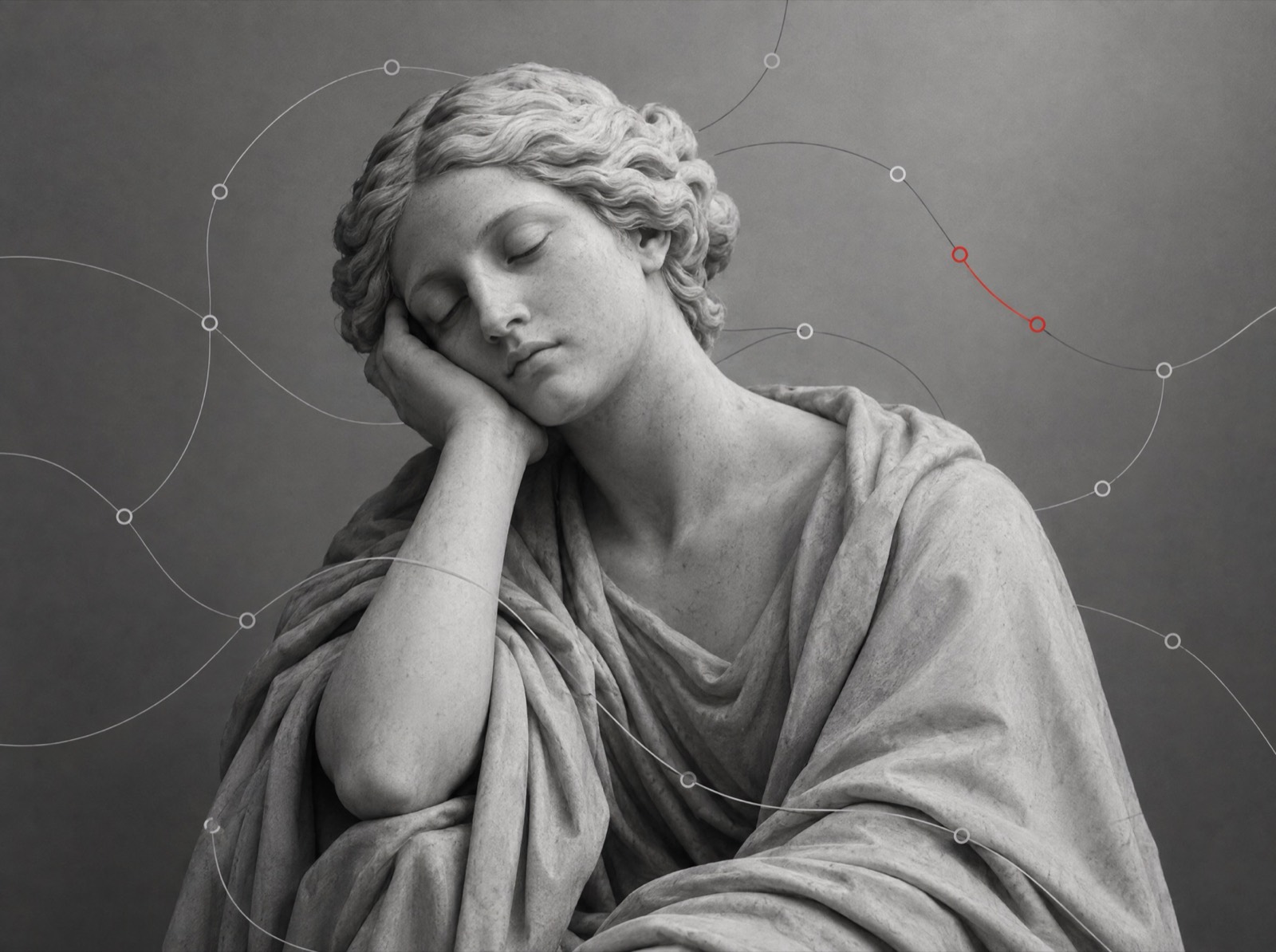 Statua classica addormentata attraversata da una rete di nodi