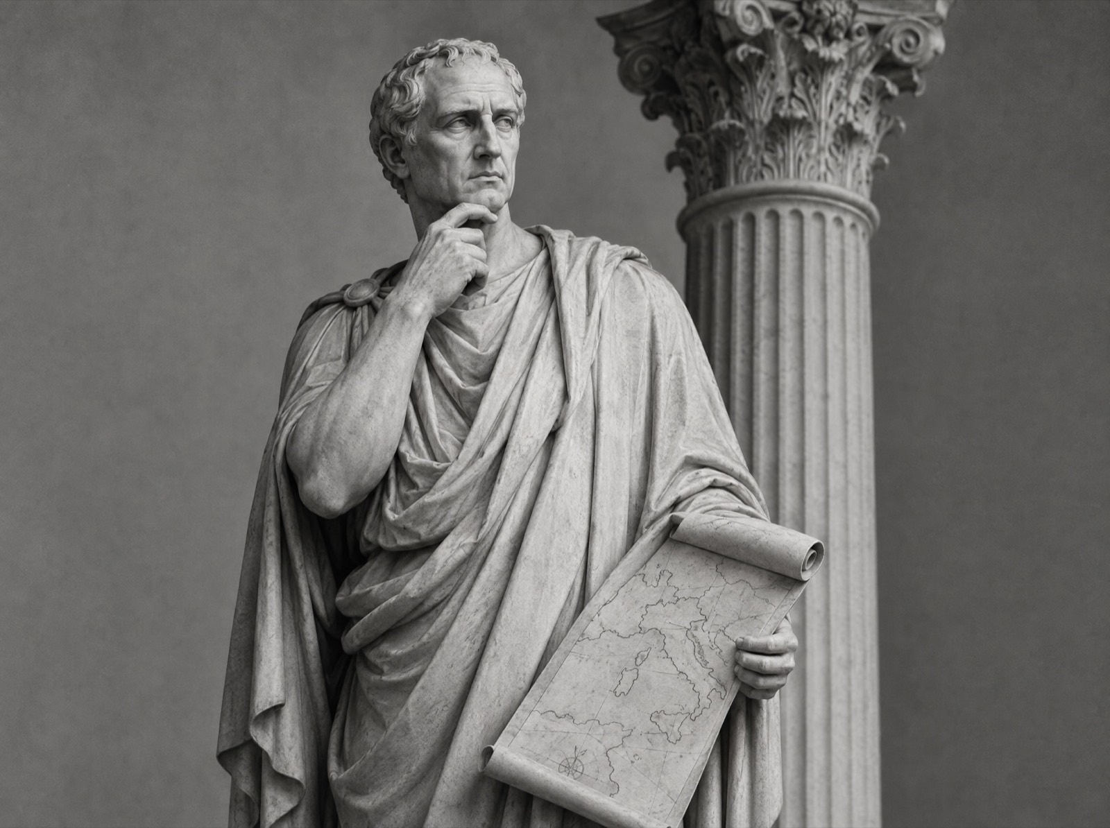 Statua romana pensierosa con una mappa in mano