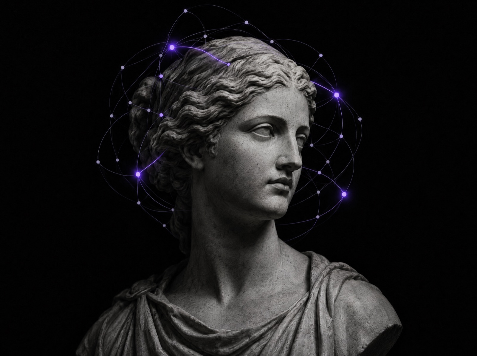 Busto classico in marmo circondato da una rete di nodi viola