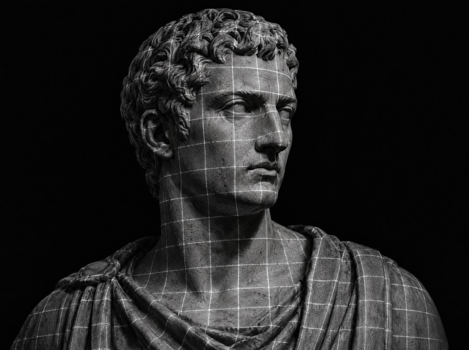 Busto romano in marmo attraversato da una griglia di luce
